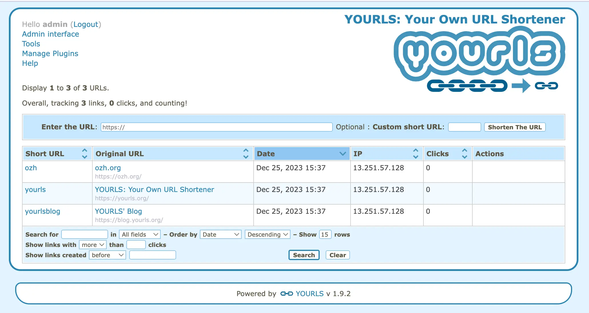 yourls-main-interface